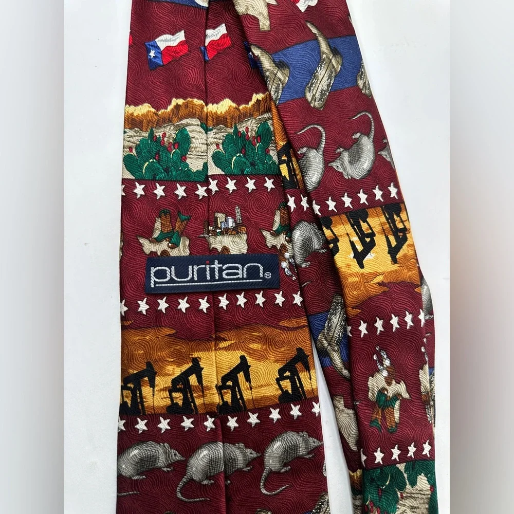 Puritan Texas Novelty Necktie Armadillo Cowboy Boots Oil Derrick Flag Burgundy